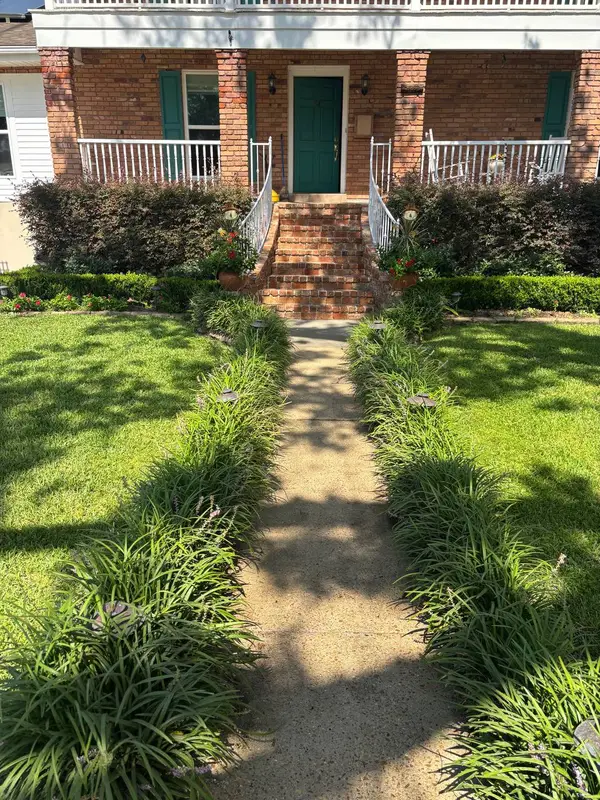 A concrete walkway lined with ground cover leading up to brick steps with white railings and a green front door.