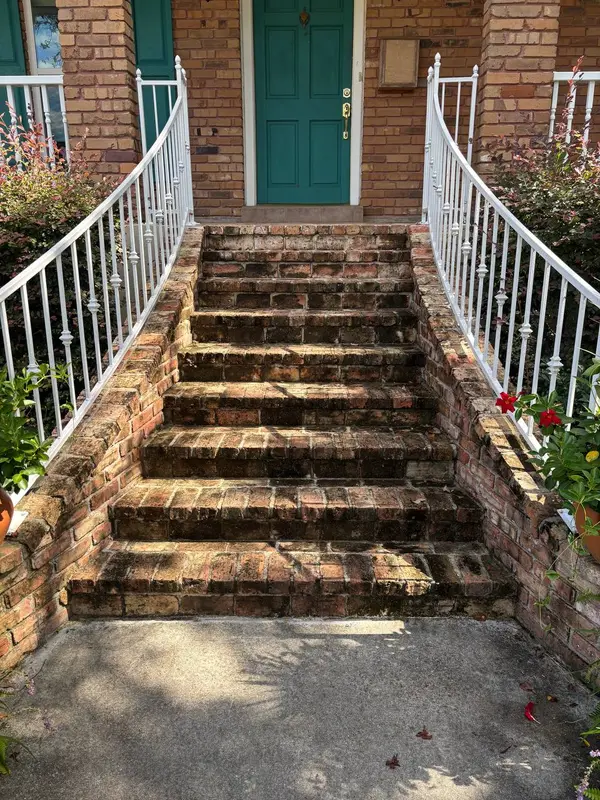 Brick steps with white metal railings leading up to a teal door, framed by dense shrubs.